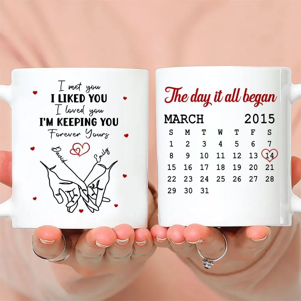 Personalized Couple Ceramic Mug, I Met You I Liked You I Love You I’m Keeping You Gift with Names Coffee Mug, Sentimental Calendar Mug for Husband Wife Christmas or Anniversary