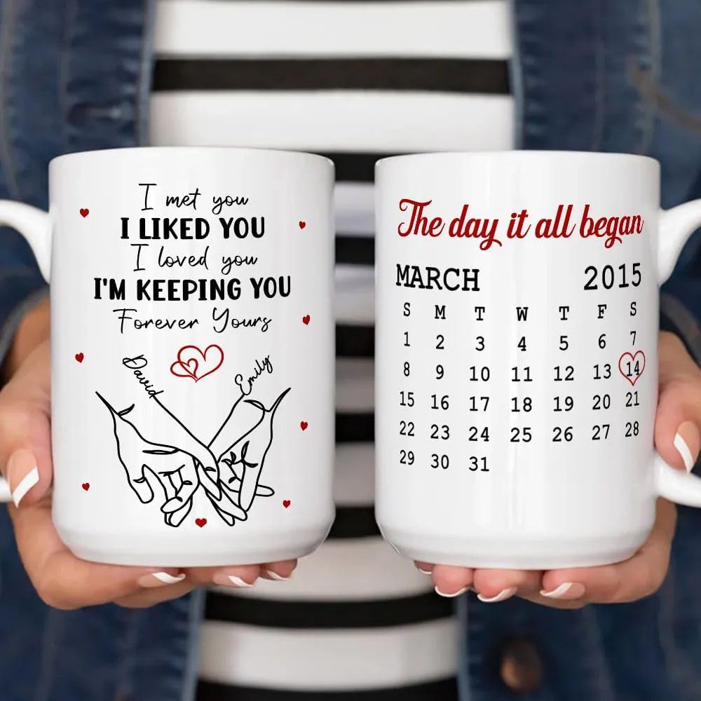 Personalized Couple Ceramic Mug, I Met You I Liked You I Love You I’m Keeping You Gift with Names Coffee Mug, Sentimental Calendar Mug for Husband Wife Christmas or Anniversary