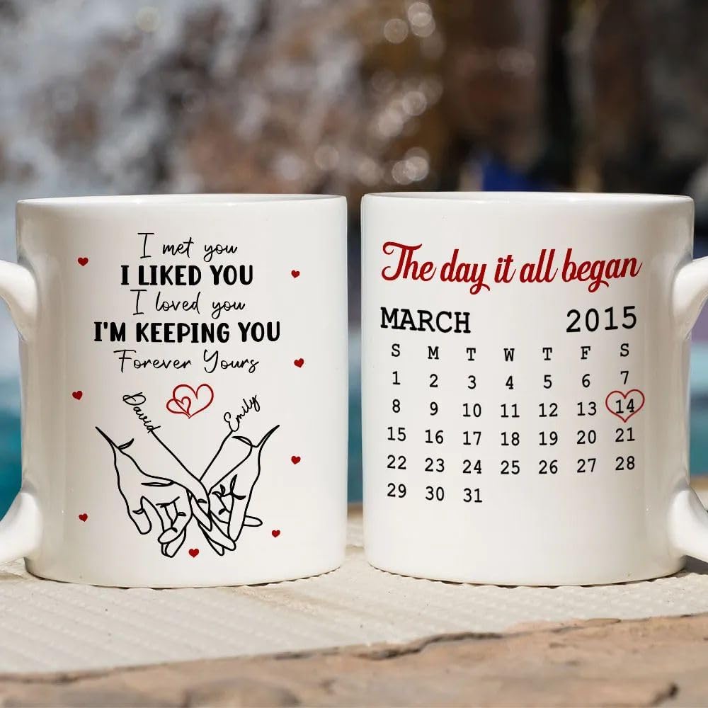 Personalized Couple Ceramic Mug, I Met You I Liked You I Love You I’m Keeping You Gift with Names Coffee Mug, Sentimental Calendar Mug for Husband Wife Christmas or Anniversary