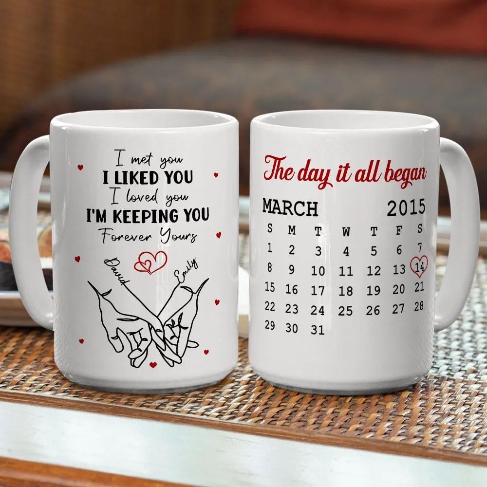 Personalized Couple Ceramic Mug, I Met You I Liked You I Love You I’m Keeping You Gift with Names Coffee Mug, Sentimental Calendar Mug for Husband Wife Christmas or Anniversary