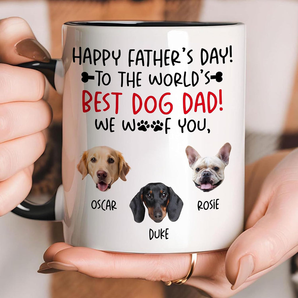 Personalized Happy Fathers Day To The World’s Best Dog Dad Mug, Custom Dogs Photo Mug, Gifts For Pet Lovers, Gifts For Dog Papa, We Woof You Mug