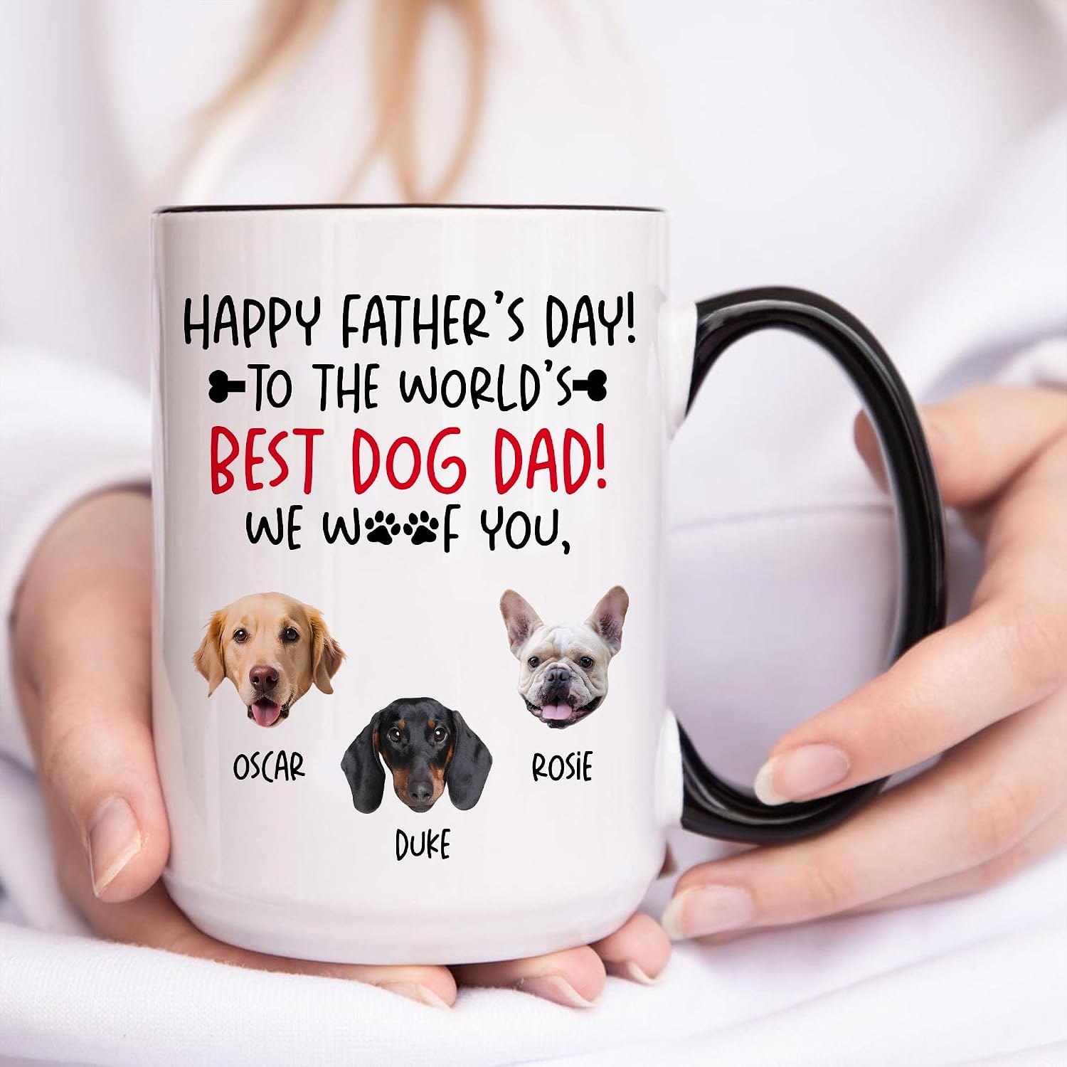 Personalized Happy Fathers Day To The World’s Best Dog Dad Mug, Custom Dogs Photo Mug, Gifts For Pet Lovers, Gifts For Dog Papa, We Woof You Mug
