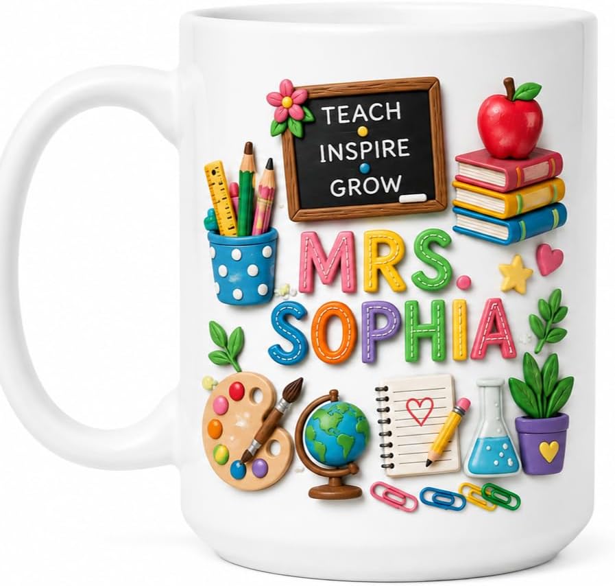 Teach Inspire Grow Teacher Mug, Personalized Teacher Appreciation Gift For Him Her, Colorful Classroom Mug, Back To School Gift For New Teachers, Faux 3D Cup
