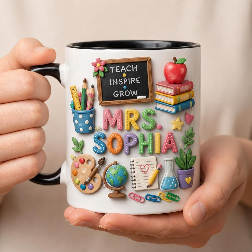 Teach Inspire Grow Teacher Mug, Personalized Teacher Appreciation Gift For Him Her, Colorful Classroom Mug, Back To School Gift For New Teachers, Faux 3D Cup