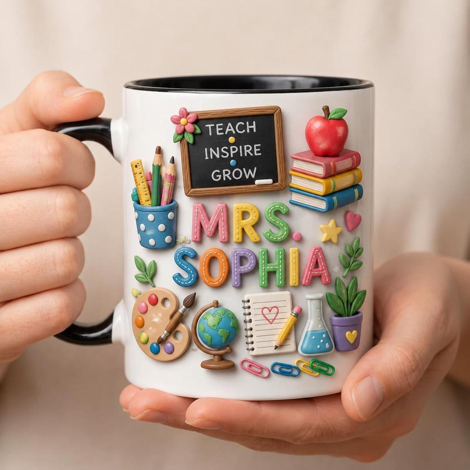 Teach Inspire Grow Teacher Mug, Personalized Teacher Appreciation Gift For Him Her, Colorful Classroom Mug, Back To School Gift For New Teachers, Faux 3D Cup