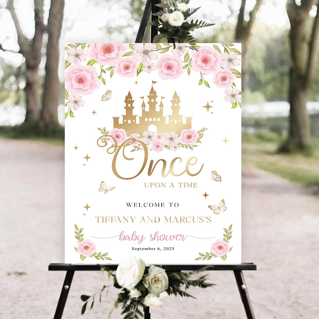 Once Upon a Time Baby Shower Sign, Fairytale Princess Theme Welcome Sign, Pink Floral Castle Baby Shower Poster, Elegant Storybook Decoration