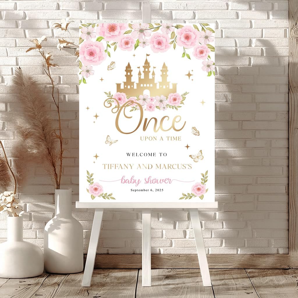 Once Upon a Time Baby Shower Sign, Fairytale Princess Theme Welcome Sign, Pink Floral Castle Baby Shower Poster, Elegant Storybook Decoration