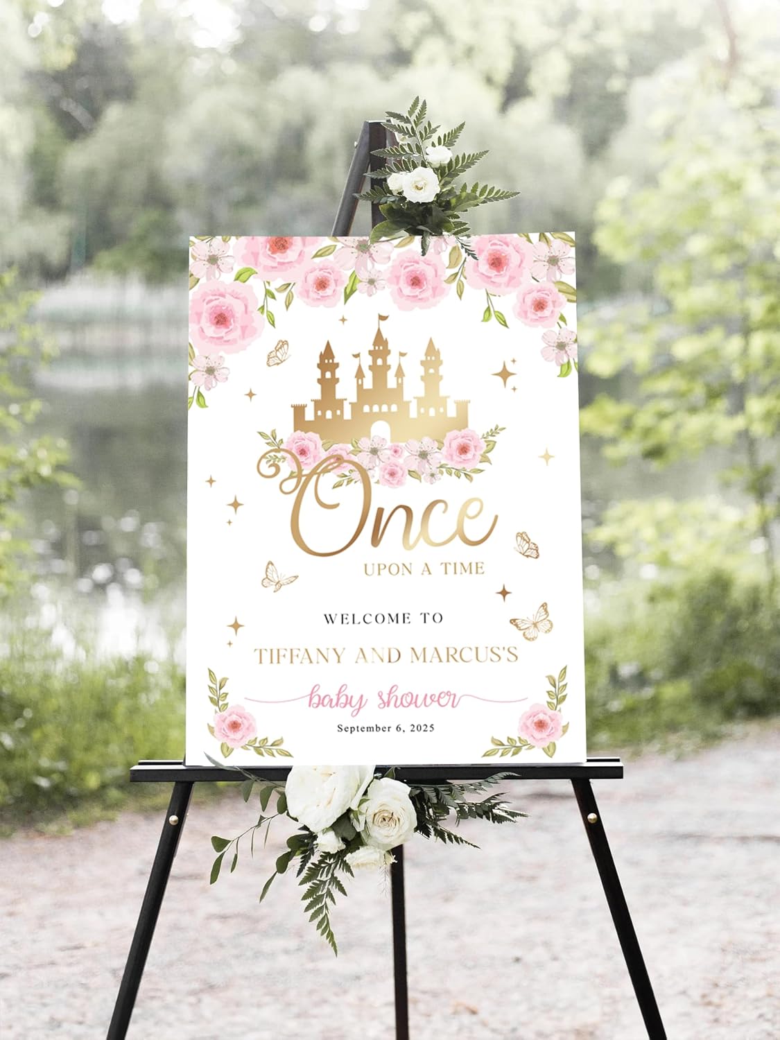 Once Upon a Time Baby Shower Sign, Fairytale Princess Theme Welcome Sign, Pink Floral Castle Baby Shower Poster, Elegant Storybook Decoration