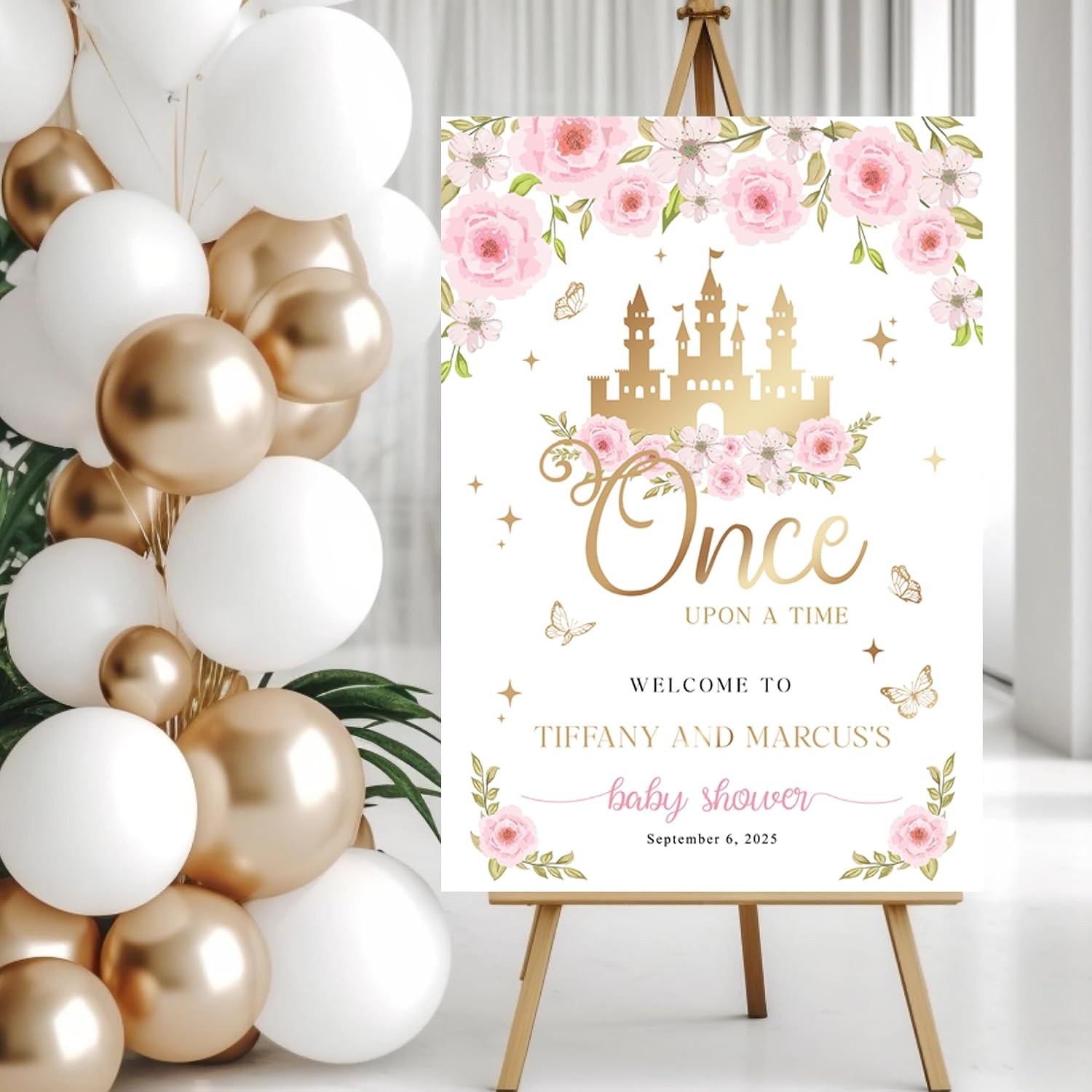 Once Upon a Time Baby Shower Sign, Fairytale Princess Theme Welcome Sign, Pink Floral Castle Baby Shower Poster, Elegant Storybook Decoration
