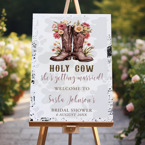 Holy Cow She's Getting Married Bridal Shower Welcome Sign Cowboy Boots Sign Bridal Shower, Welcome Poster Bridal Shower Decoration, Bridal Shower Sign Without Stand