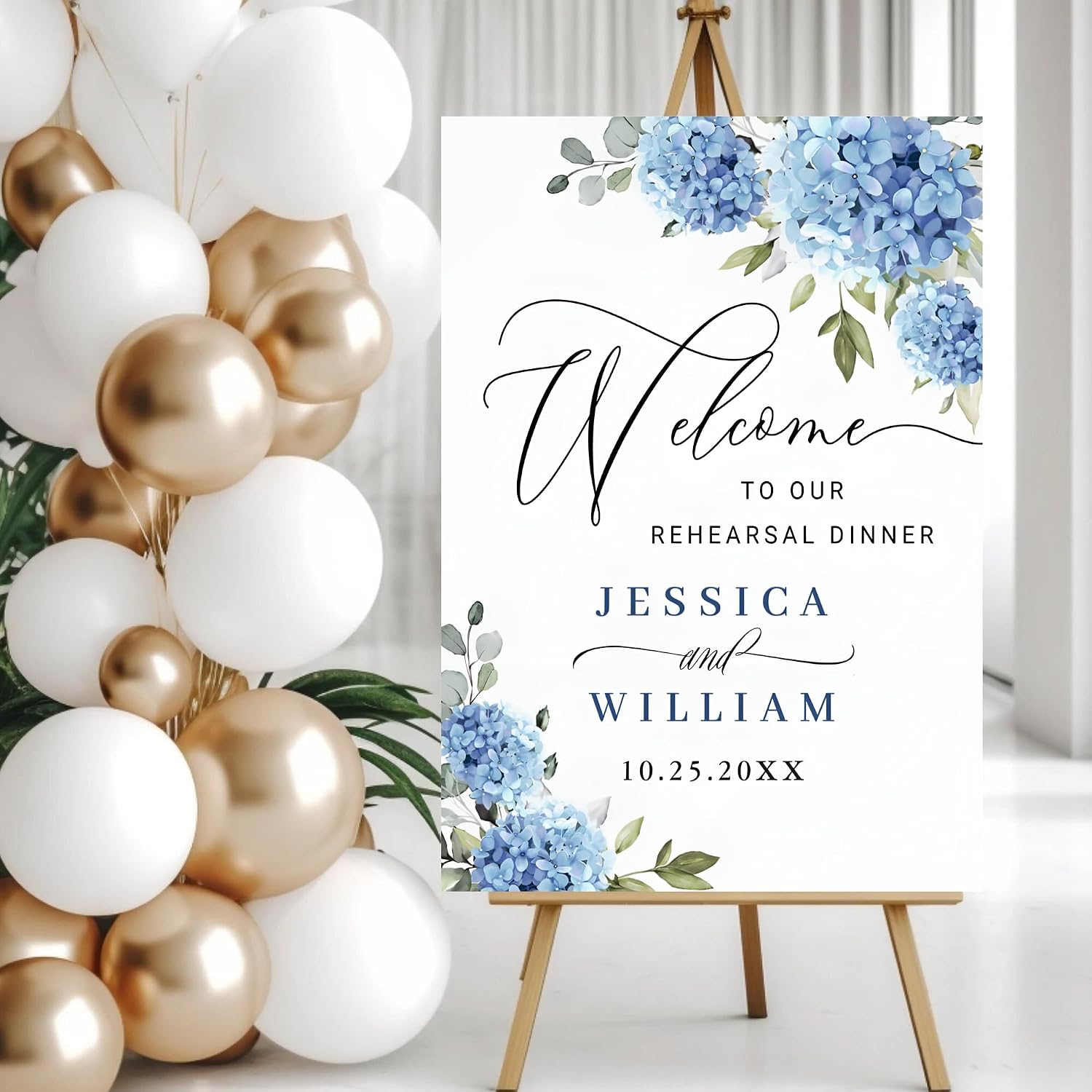 Minimalist Rehearsal Dinner Sign, Personalized The Night Before Welcome Sign, Elegant Blue Hydrangea Eucalyptus Rehearsal Dinner Sign, Blue Hydrangea Wedding Welcome Sign