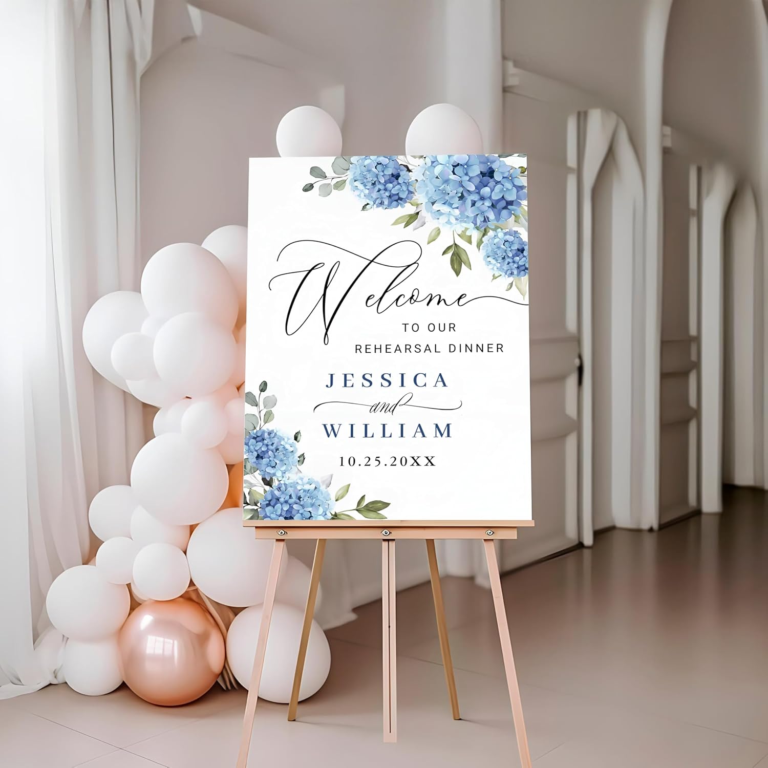Minimalist Rehearsal Dinner Sign, Personalized The Night Before Welcome Sign, Elegant Blue Hydrangea Eucalyptus Rehearsal Dinner Sign, Blue Hydrangea Wedding Welcome Sign