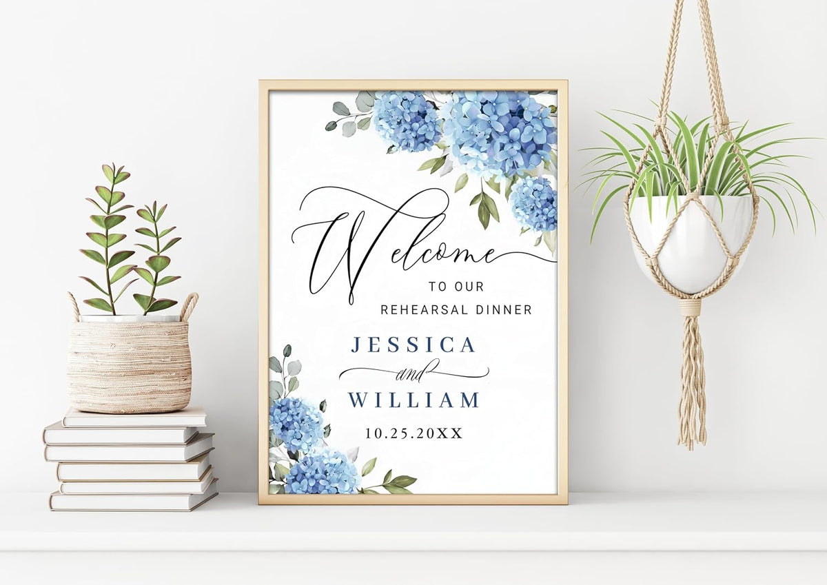 Minimalist Rehearsal Dinner Sign, Personalized The Night Before Welcome Sign, Elegant Blue Hydrangea Eucalyptus Rehearsal Dinner Sign, Blue Hydrangea Wedding Welcome Sign