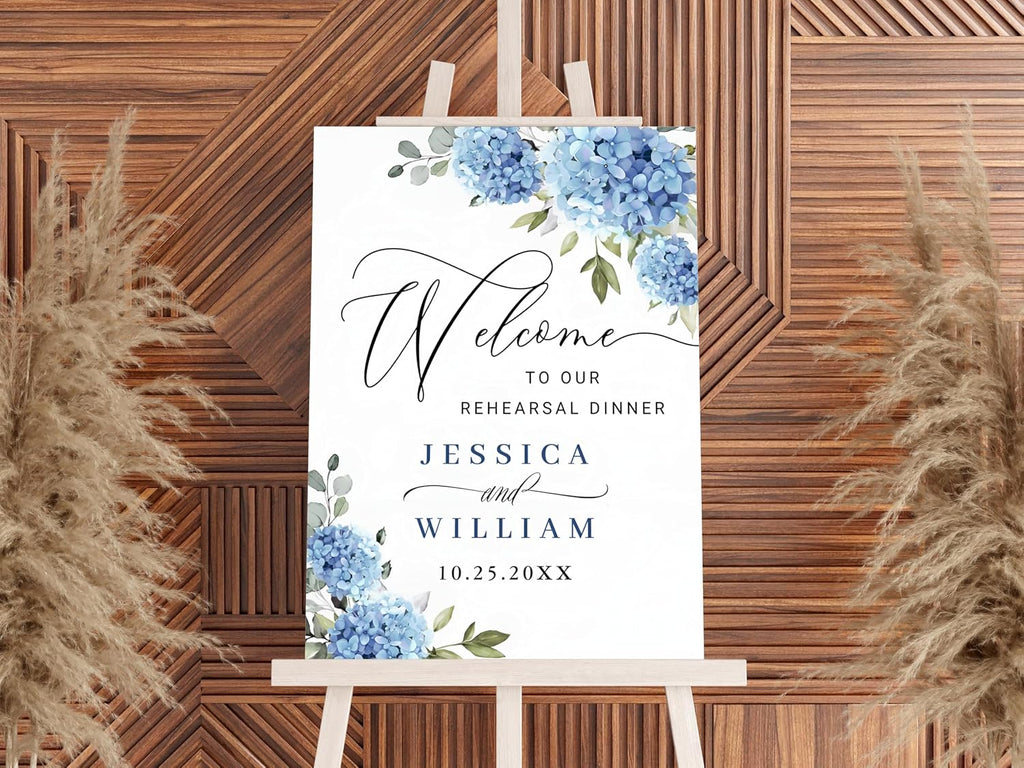 Minimalist Rehearsal Dinner Sign, Personalized The Night Before Welcome Sign, Elegant Blue Hydrangea Eucalyptus Rehearsal Dinner Sign, Blue Hydrangea Wedding Welcome Sign