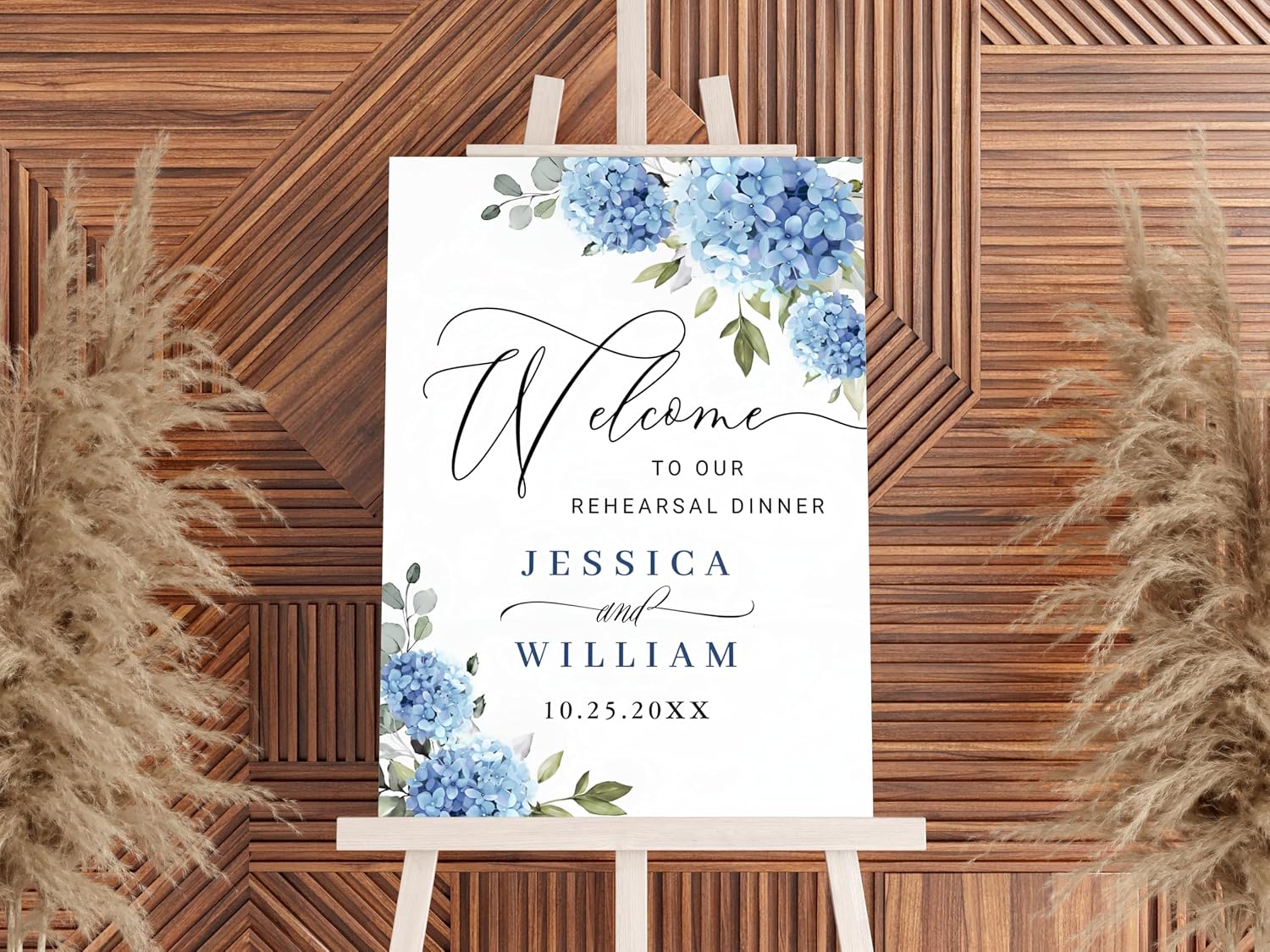 Minimalist Rehearsal Dinner Sign, Personalized The Night Before Welcome Sign, Elegant Blue Hydrangea Eucalyptus Rehearsal Dinner Sign, Blue Hydrangea Wedding Welcome Sign